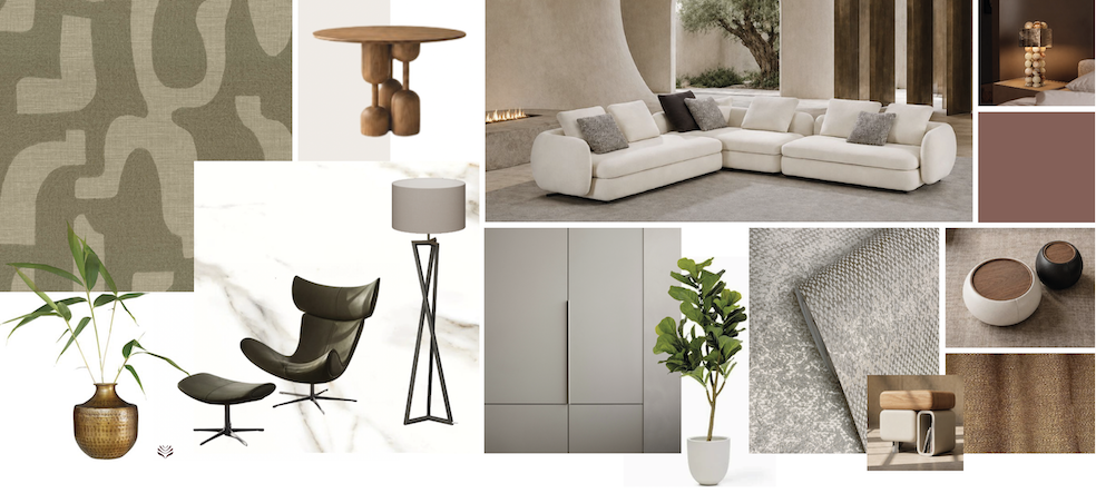 Moodbord met meubilair en verlichting