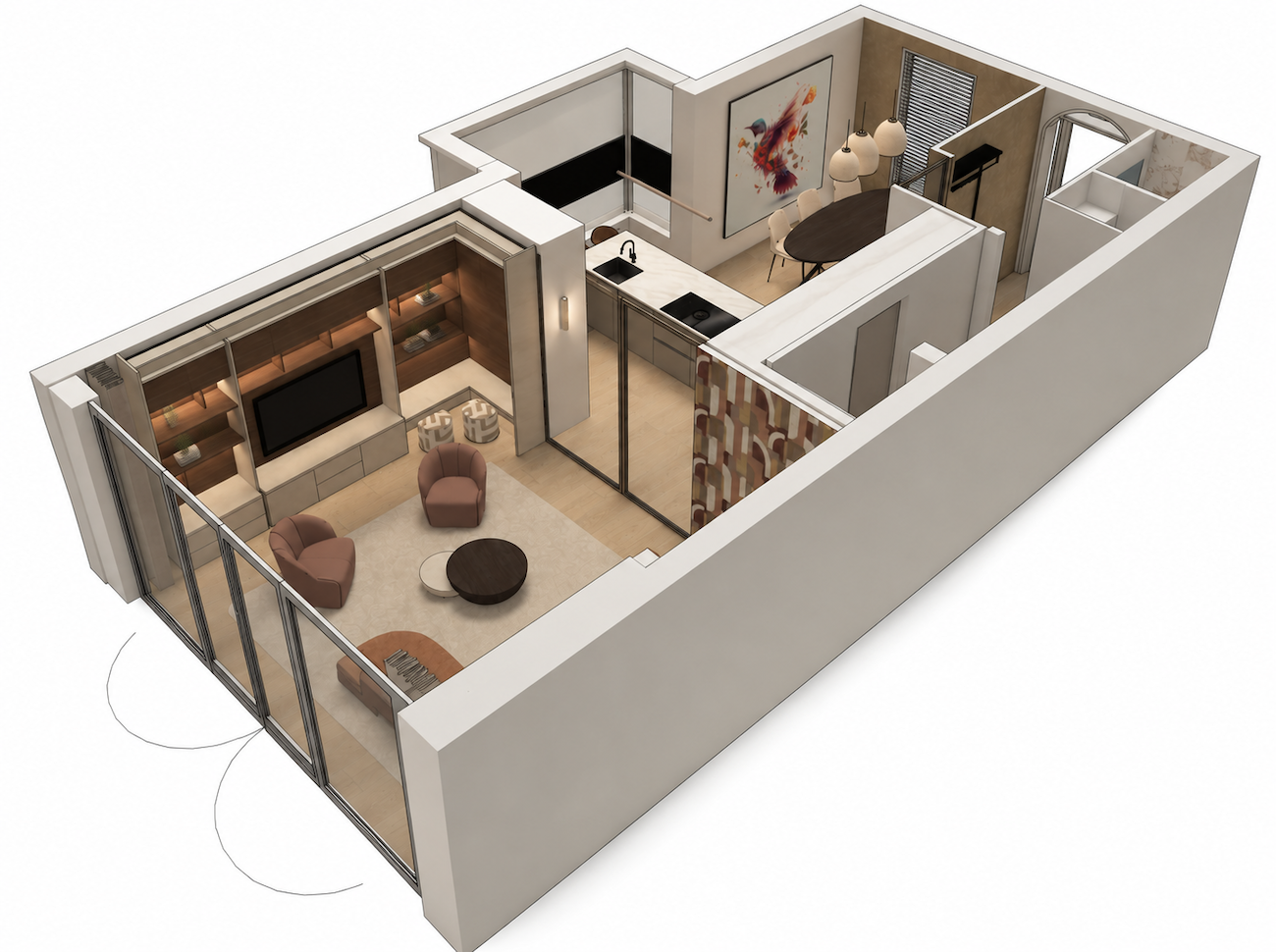 Totale render van begane grond met uitbouw